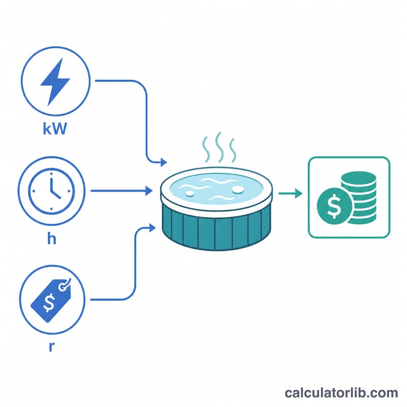 Flat diagram showing hot tub electricity cost formula inputs flowing to a monthly cost output