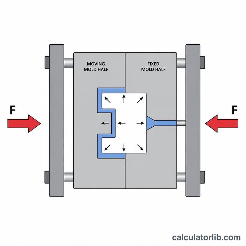Cross-section of injection mold halves with inward clamping force arrows opposing outward cavity pressure