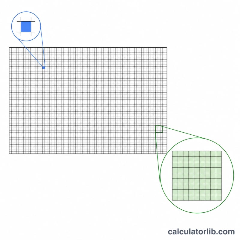 Grid of pixels forming an image, with one million pixels grouped into a megapixel block