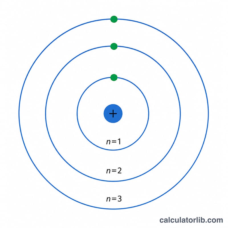 Bohr model diagram showing a central nucleus with electrons in circular orbits at increasing radii