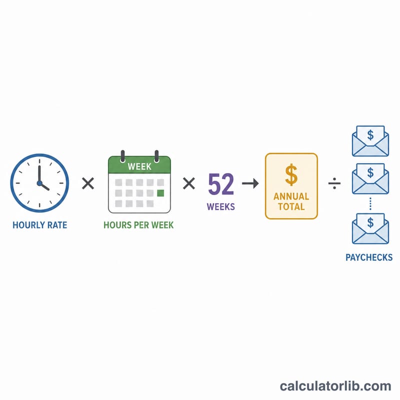 Flow diagram converting hourly rate and weekly hours into annual pay then per paycheck