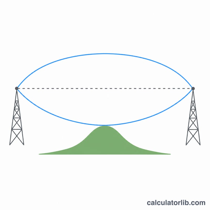Elliptical Fresnel zone between two antenna towers with an obstacle below the line of sight