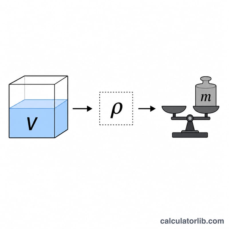 Diagram showing mass equals density times volume relationship