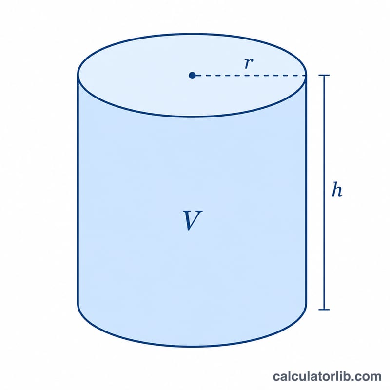 Diagram of a cylinder showing radius, diameter, height and volume