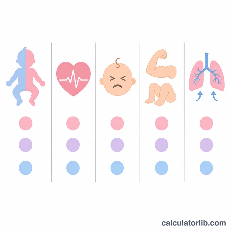 5つのアプガー項目をアイコンで表示：皮膚色、脈拍、刺激反応、活動性、呼吸