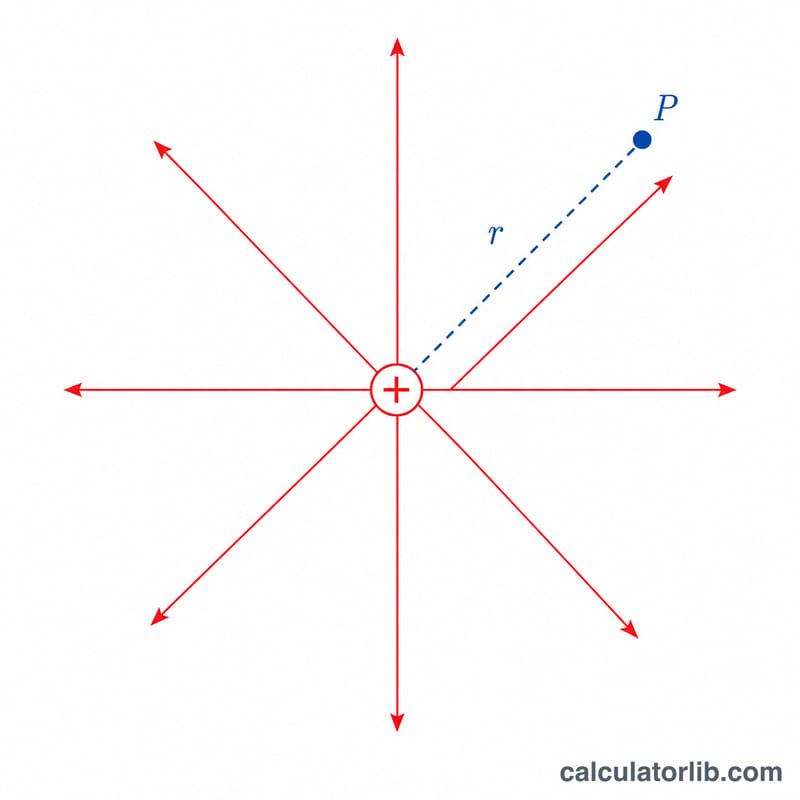 Point charge with radial electric field lines and distance r to a point P