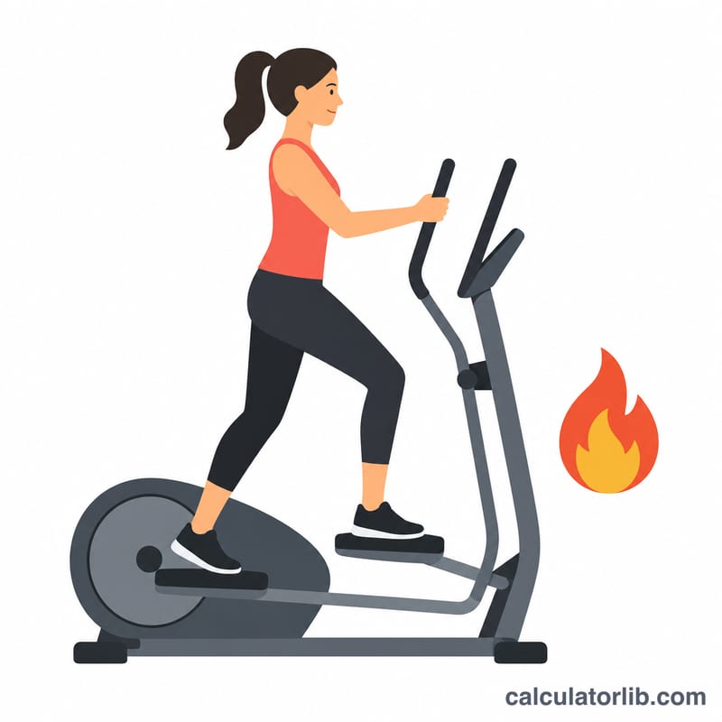 Người tập trên máy elliptical với biểu tượng ngọn lửa thể hiện lượng calo đốt cháy