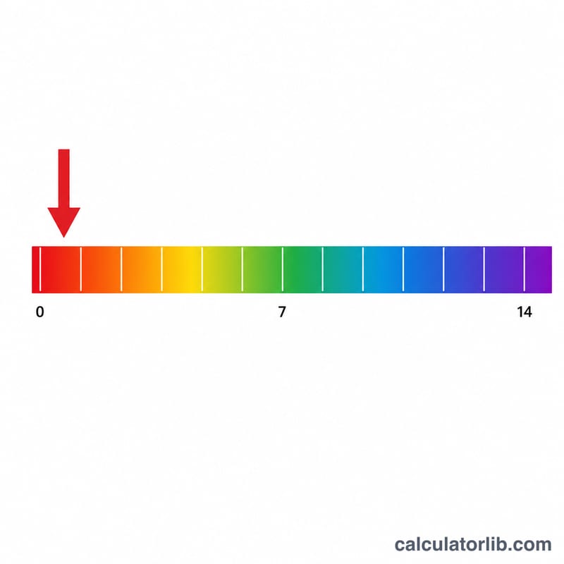 pH scale bar from 0 to 14 with strong acid region highlighted at the low end