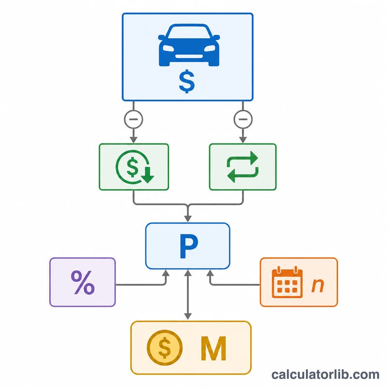 Sơ đồ dòng chảy: giá xe trừ tiền trả trước và xe đổi cũ bằng số tiền vay, cùng với APR và kỳ hạn tạo nên khoản trả hàng tháng