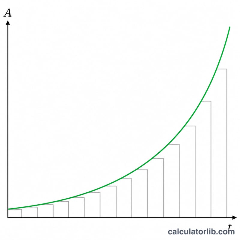 Curve of continuously growing value rising above stepped periodic compounding bars over time