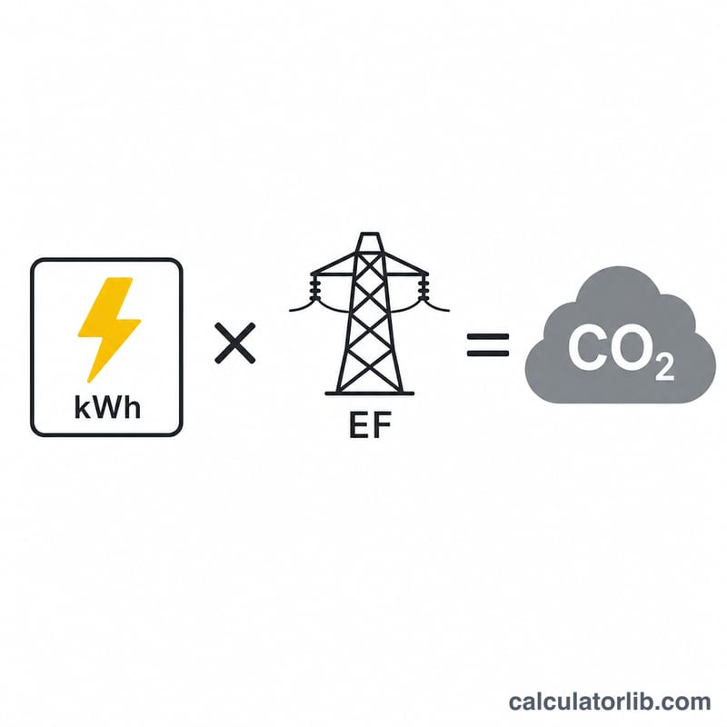 Diagram showing kWh multiplied by emission factor equals CO2