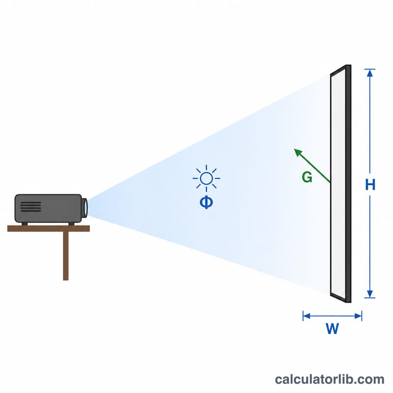 Projector emitting a cone of light onto a screen showing lumens, gain reflection, and screen dimensions
