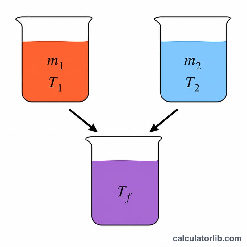 Two beakers of hot and cold liquid combining into one beaker at final temperature