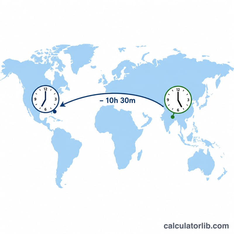 Arrow from India clock to US east coast clock showing a 10 hour 30 minute offset