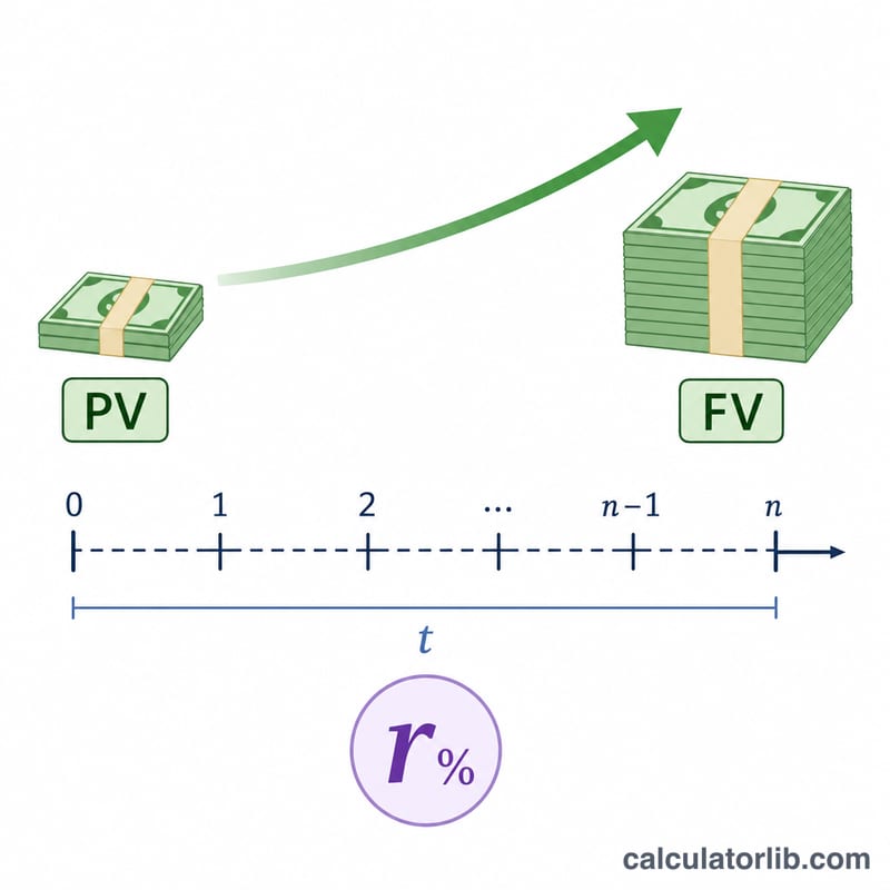 Diagram relating present value, future value, term and compounding to the solved rate