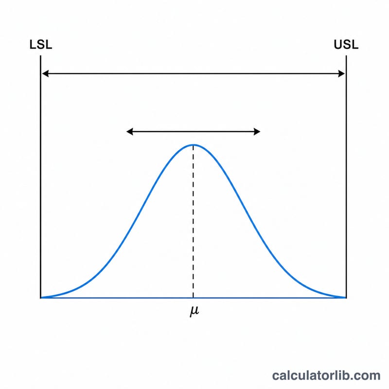 Bell curve centered between lower and upper specification limits with process spread narrower than the tolerance band