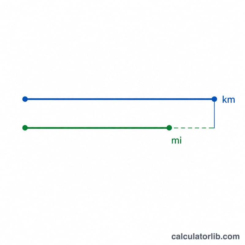 Two aligned distance bars showing one kilometer is shorter than one mile