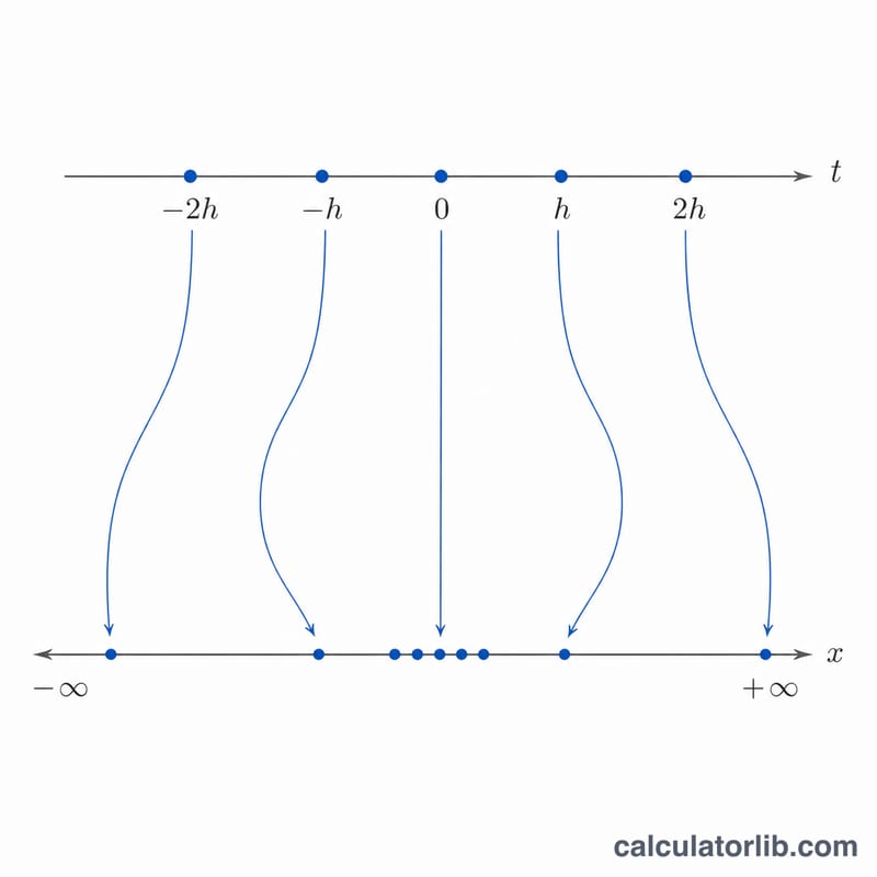 Equally spaced points in t mapped to points clustering near zero and spreading toward both infinities in x