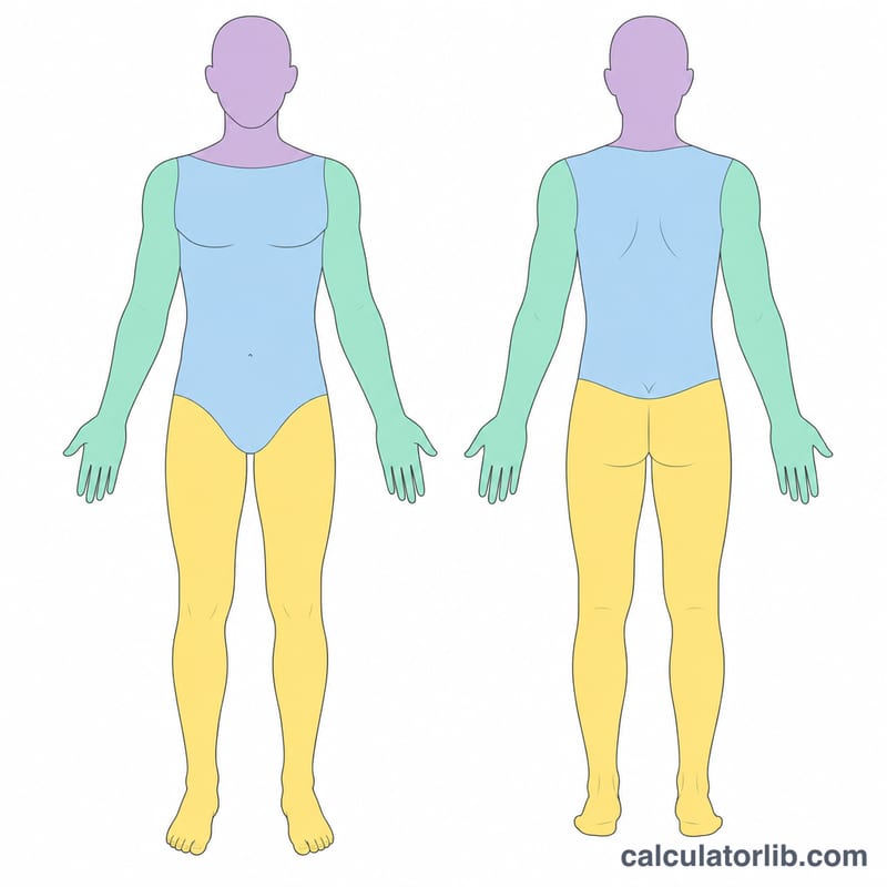 인체의 앞뒤 윤곽을 네 가지 색상 부위로 나눈 그림: 머리/목, 상지, 몸통, 하지