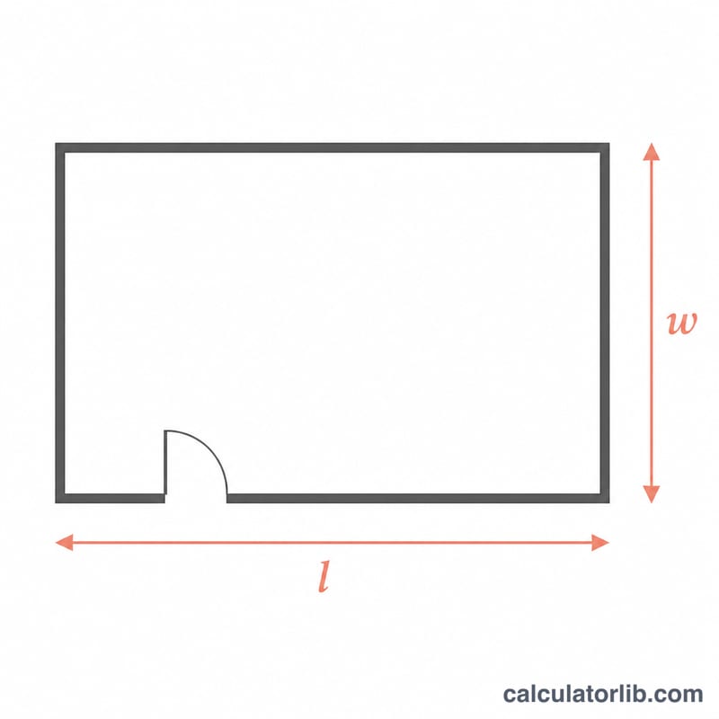 Top-down rectangular room floor plan with length l and width w marked