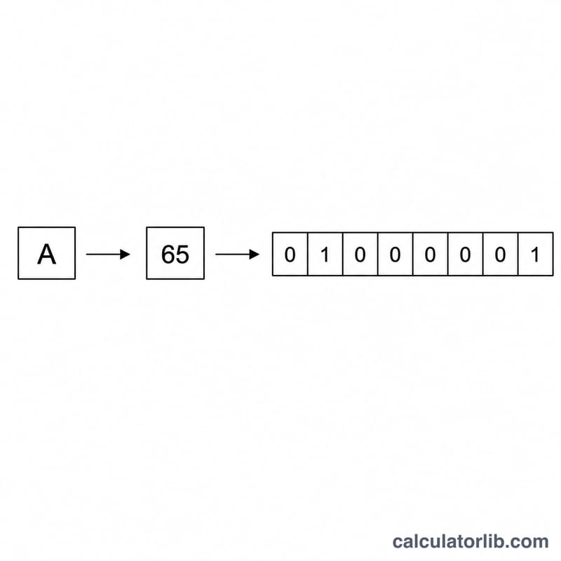 Diagram showing a single character converted to its decimal ASCII code then to an 8-bit binary byte