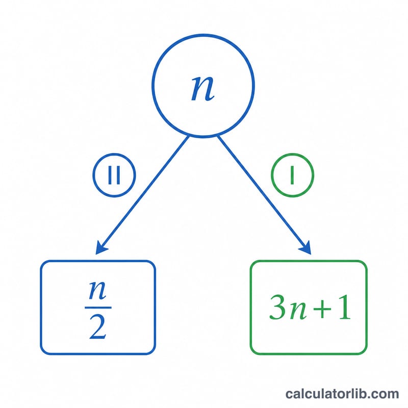 Flowchart of one Collatz step branching on even or odd