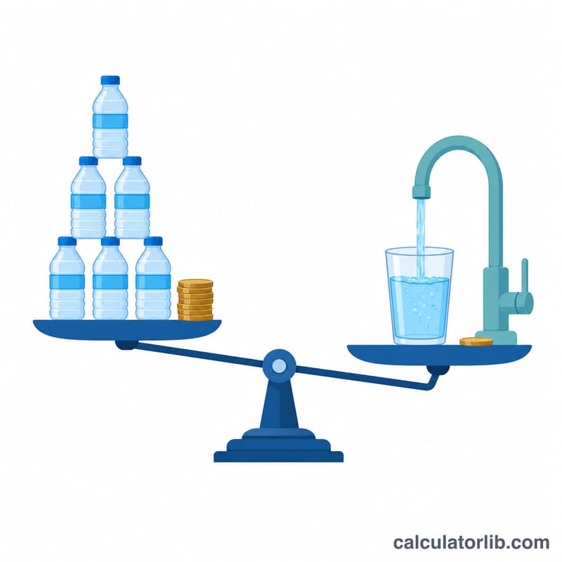 Side-by-side comparison of a stack of plastic bottles and a glass filled from a tap, with a balance scale tilting toward tap water