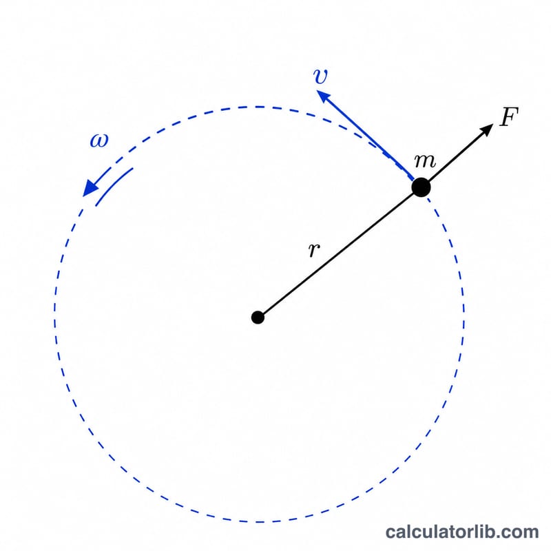 Diagram of a mass rotating on a radius showing centrifugal force, radius, angular velocity and tangential velocity