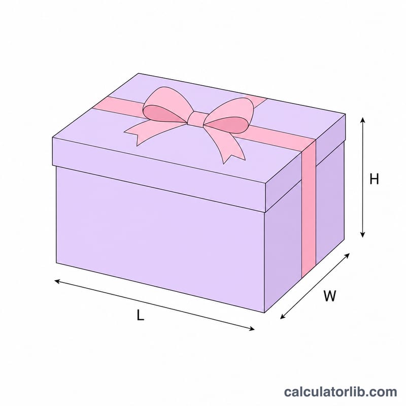 Boîte cadeau montrant les dimensions de longueur L, largeur W et hauteur H