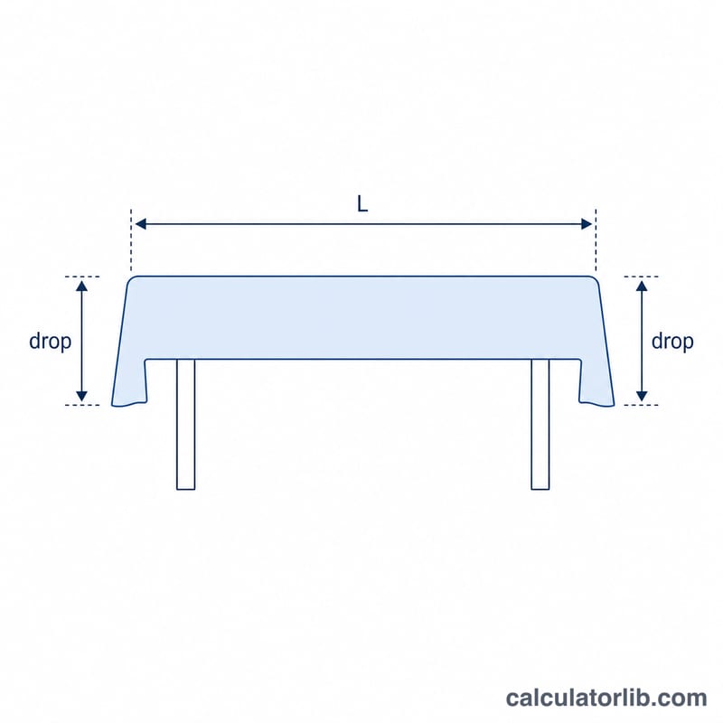 Cross-section diagram of a rectangular table with a tablecloth showing table length and equal drop on both sides