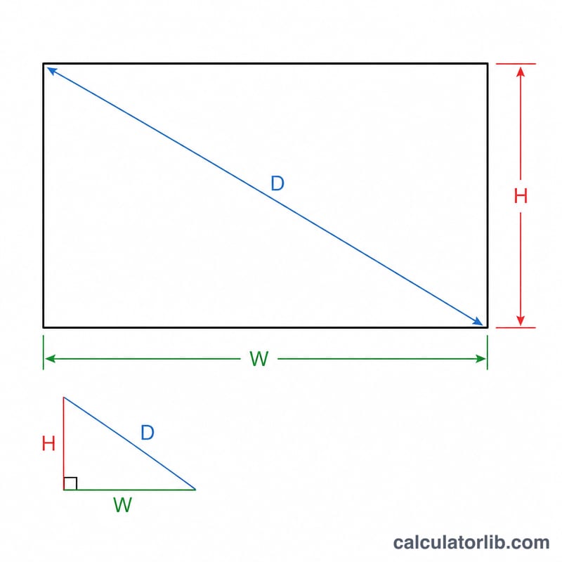 Screen rectangle showing width W, height H and diagonal D forming a right triangle