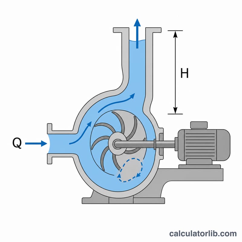 Schéma plat d'une pompe centrifuge montrant le débit d'entrée, la hauteur de refoulement et les pertes d'énergie
