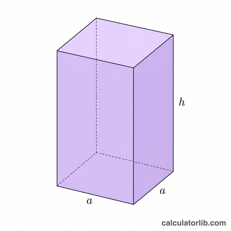 Right square prism with square base edge a and height h labeled