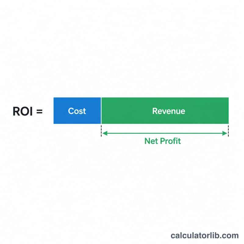 Diagram showing revenue bar minus cost bar equals net profit used for ROI