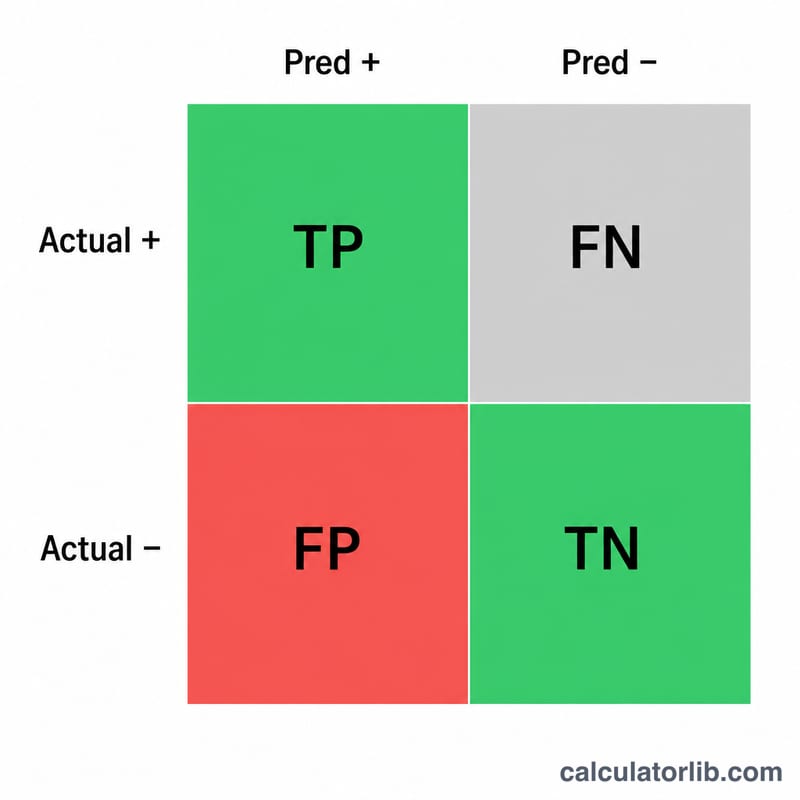 2x2 confusion matrix showing TP, FP, FN, TN cells with false positive and true negative highlighted