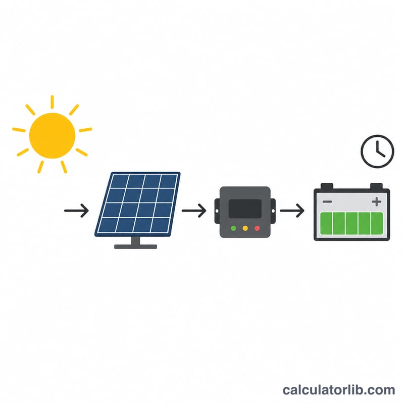Flat diagram of a solar panel connected to a battery through a charge controller, with a sun above