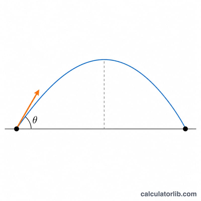 Parabolic trajectory of a projectile launched at an angle showing launch point, peak and landing point