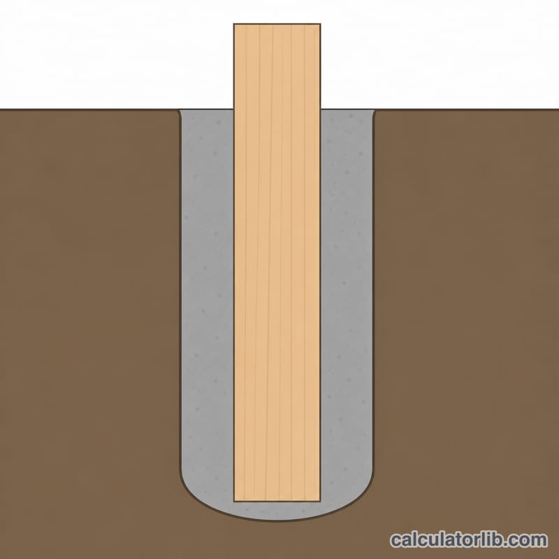 Cross-section of a fence post centered in a cylindrical hole filled with concrete