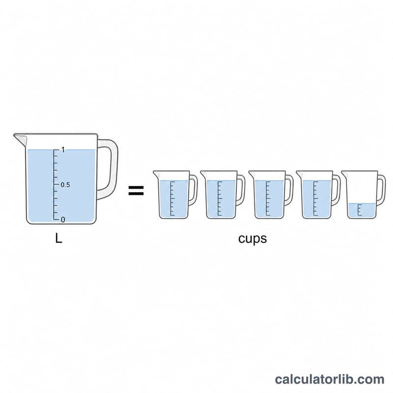 One liter equals about 4.2 US cups shown as measuring containers
