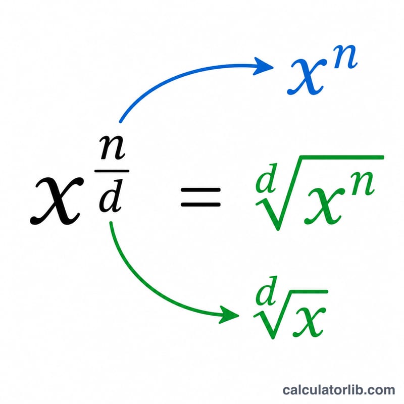 Diagram showing a fractional exponent split into a root and a power