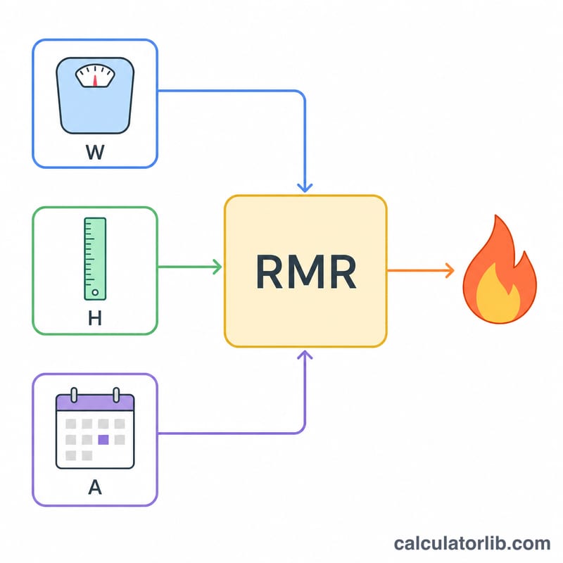 圖示：體重、身高和年齡輸入 RMR 公式框，輸出卡路里結果
