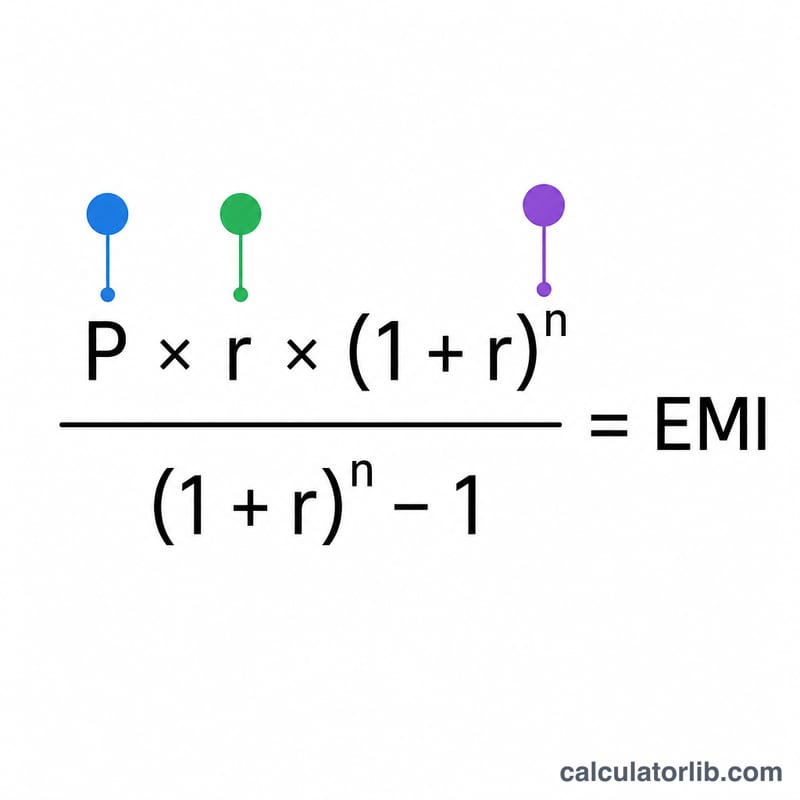 Diagram of the EMI formula showing principal P, monthly rate r, and number of months n