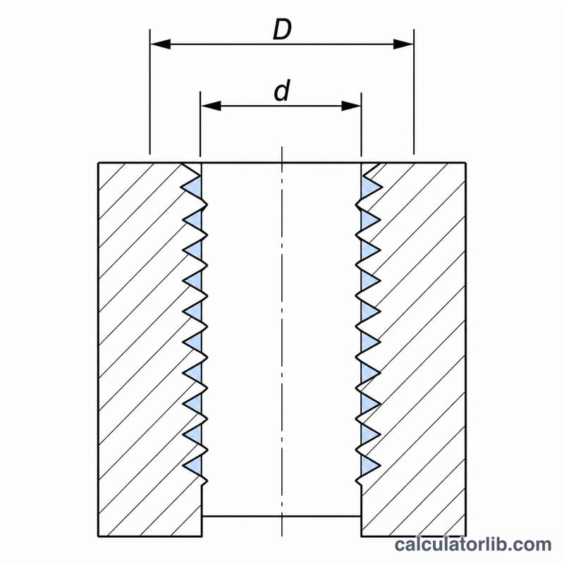 Cross-section diagram of a drilled hole with a tapped thread showing major diameter, drill diameter, and thread depth