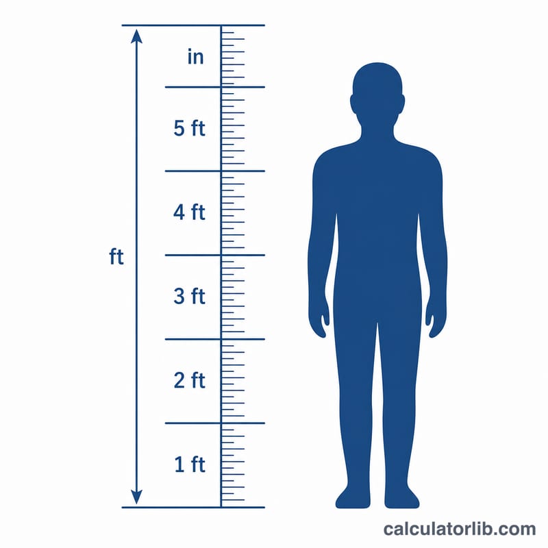 Sơ đồ một chiều cao chia thành các đoạn foot, mỗi đoạn chứa mười hai đơn vị inch