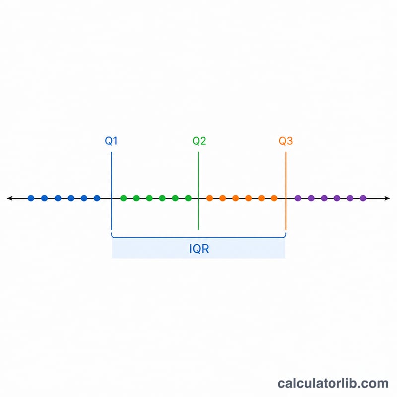 Number line showing quartiles Q1, Q2, Q3 dividing a sorted data set into four equal parts with IQR span marked