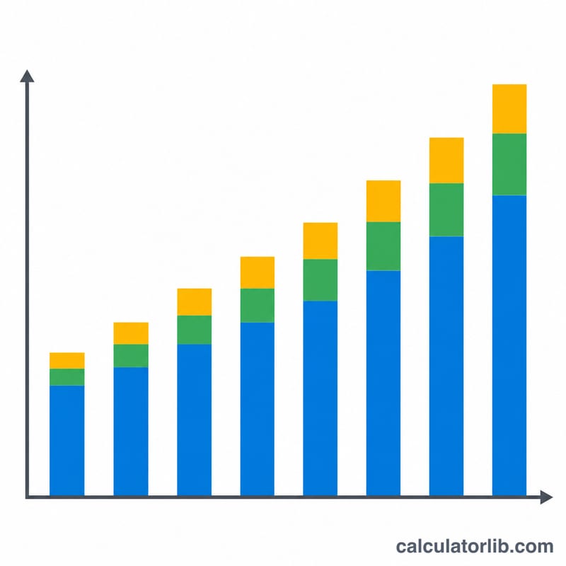 Bar chart showing savings growing over time, split into principal, contributions, and interest