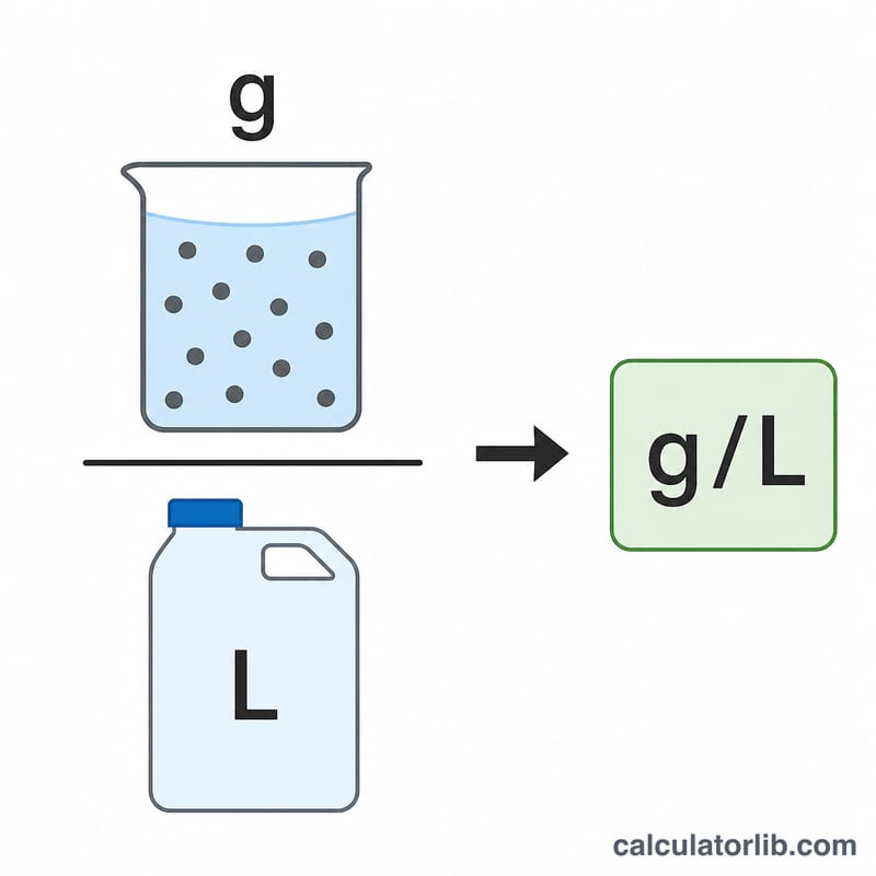 Diagram showing mass in grams divided by volume in liters equals grams per liter