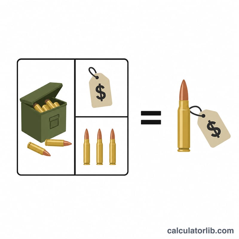 Diagram showing total price of an ammo box divided by number of rounds equals cost per round
