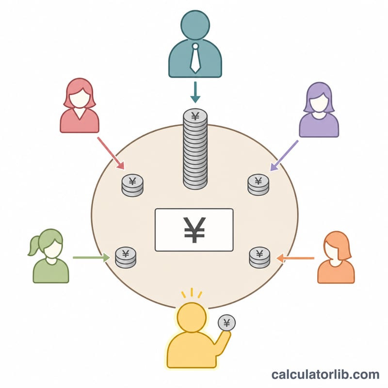 Restaurant table with a bill split into unequal shares among diners of different genders and seniority, with the organizer covering the leftover