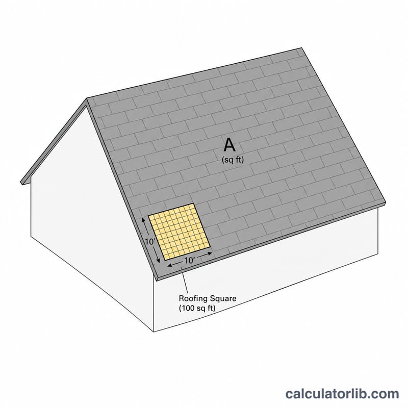 Gable roof with a highlighted 10 by 10 foot square representing one roofing square